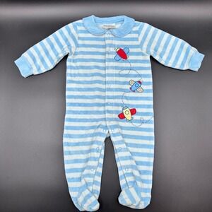 Just One Year Baby Boy 9M‎ Blue Stripe Airplane Applique Footed Pajamas